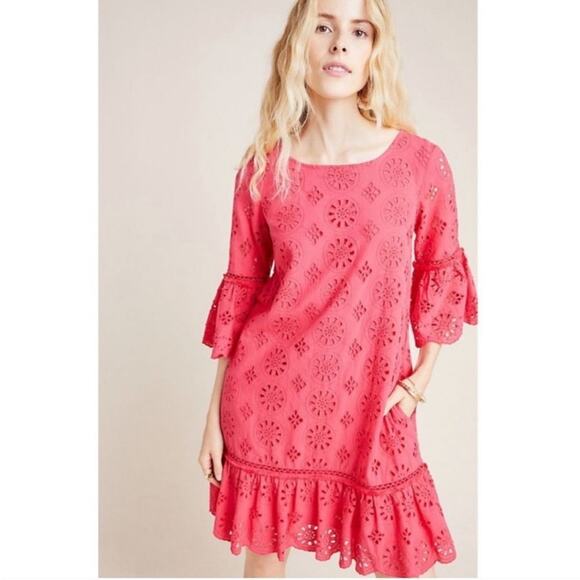 Anthropologie Dresses & Skirts - Anthropologie Pink Short Sleeve Dani Lace Eyelet Tunic Dress, Size 6